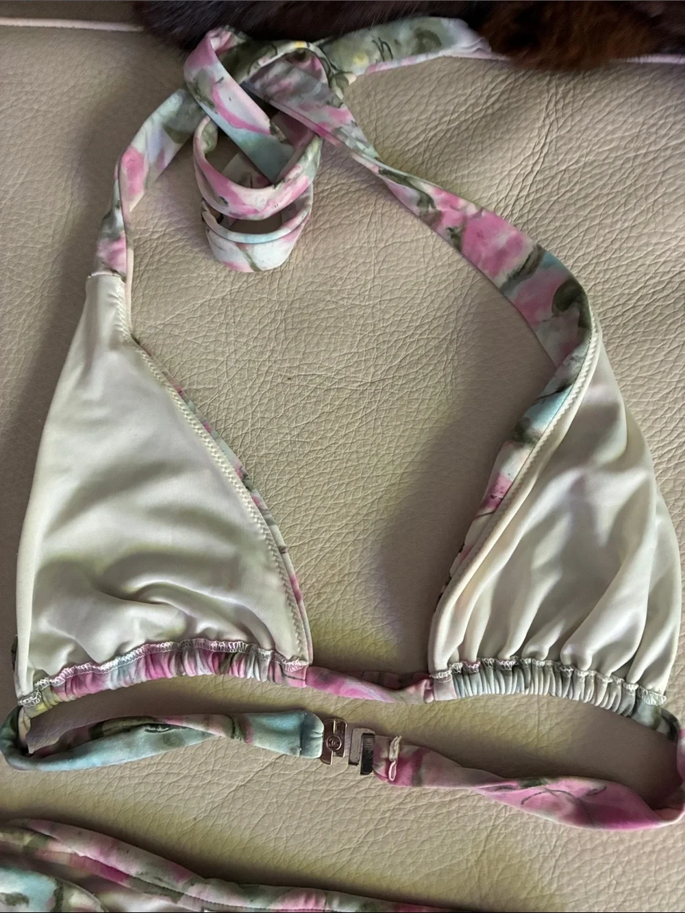 CHANEL Pastel Floral Triangle Bikini in Pink and Green